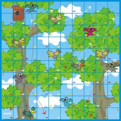 Board game for two or more players, you need a dice and pieces. Haunted forest with birds and ghosts. Vector illustration.