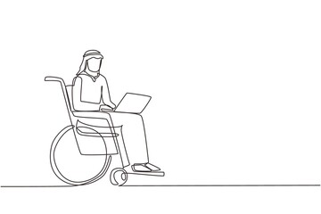 Single continuous line drawing disabled Arab man working on laptop. Wheelchair, idea, computer. Freelance, disability. Online job, startup. Physical disability and society one line draw design vector