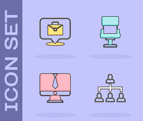 Set Hierarchy organogram chart, Online working, Video chat conference and Office chair icon. Vector