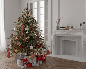 New year tree in scandinavian style interior with christmas decoration	