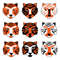 Set of different stylized tiger faces. Chinese new year 2022 year of the tiger - chinese zodiac symbol, lunar new year concept, modern background design.
