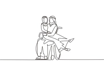 Single one line drawing disabled Arabian man carrying woman in wheelchair. Happy couple at wedding celebration. Male with special needs in wheelchair. Continuous line draw design vector illustration