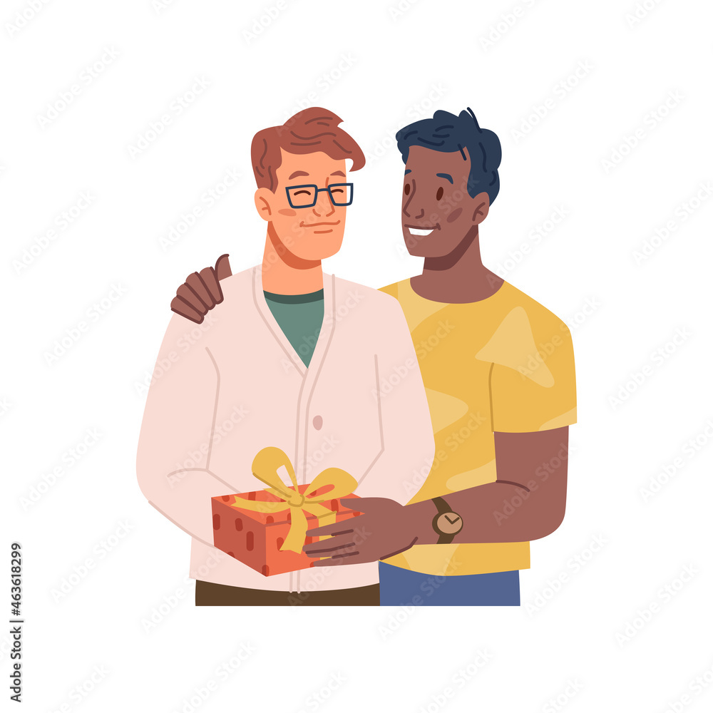 Wall mural Men in love giving or getting present gift in box with ribbon, flat cartoon characters. Vector LGBT gay bisexual and present on Valentines day, Anniversary or Birthday party, romantic relationships