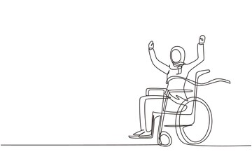 Continuous one line drawing Arabian female young wheelchair user crossing red finish line. Happy winner, successful champion. Society, disabled people community. Single line draw design vector graphic