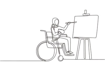 Single one line drawing disabled Arabian woman in wheelchair painting landscape on canvas. Rehabilitation physiotherapy concept. Physical disability. Continuous line draw design vector illustration