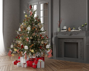 New year tree in scandinavian style interior with christmas decoration	