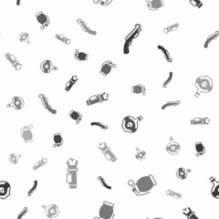 Set Police shotgun, Hand grenade, Poison in bottle and electric shocker on seamless pattern. Vector