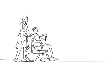 Single one line drawing social worker helping old man on wheelchair with grocery shopping. Female volunteer caring and walking with disabled senior male to store. Continuous line draw design vector
