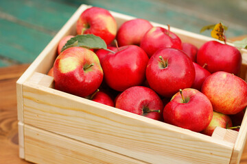 A lot of juicy red apples in the wooden box