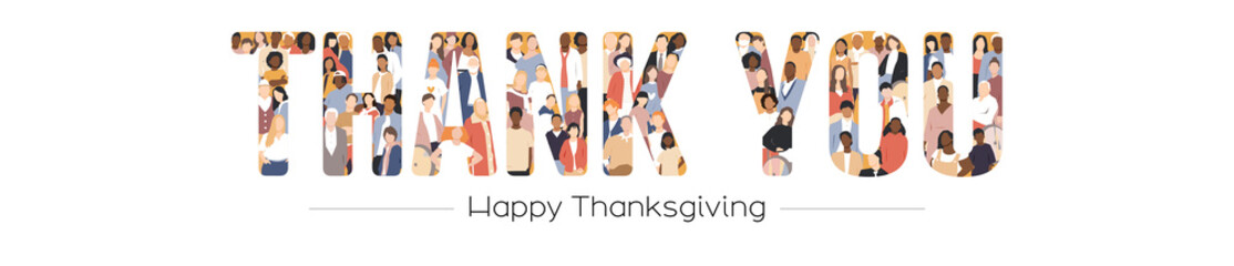 Happy Thanksgiving card. Multicultural group. Thank you lettering. Flat vector illustration.	