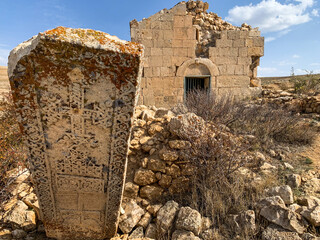 A big khachkar in front of the Chapel of St. David. Aprank Monastery (Saint David's Monastery) Ruins, Erzincan Province, Turkey
