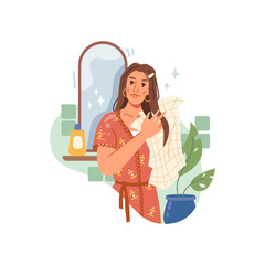 Woman wipes her hair with towel isolated flat cartoon character. Vector young caucasian girl in bathroom wiping hair after shower, mirror with shampoo bottle on background, green plant in pot