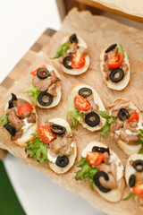 Buffet snacks. Party catering, fast food, burgers, capapé and bruschetta