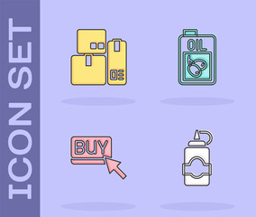 Set Sauce bottle, Cash register machine, Buy button and Bottle of olive oil icon. Vector