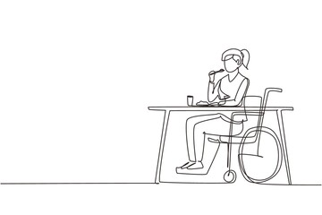 Continuous one line drawing female young wheelchair user eating food sitting at the table. Having lunch, snack in cafe. Society and disabled people. Single line draw design vector graphic illustration