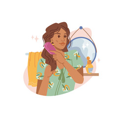 Young brown-haired woman combing her long curly hair with comb at home, mirror and towel on background. Vector haircare procedure, lady brushing hair with haircomb, flat cartoon illustration