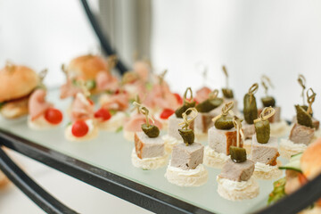 Buffet snacks. Party catering, fast food, burgers, capapé and bruschetta