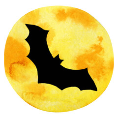 Black silhouette of a bat on a background of a yellow moon. Hand drawn watercolor illustration isolated on white background. Halloween design, horror scenes, icon