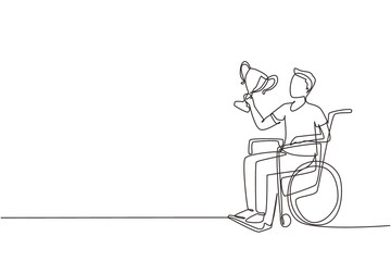 Single continuous line drawing happy man in wheelchair hold golden cup trophy winner podium. Disabled person. Tournament game competition, sport training, challenge. One line design vector