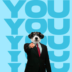 Contemporary art collage of man in black official suit with dog head isolated over blue background...