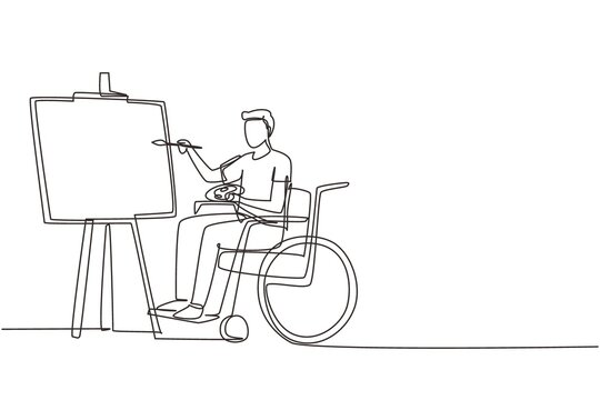 recommend clip art: Single continuous line drawing disabled man in wheelchair painting landscape on canvas. Rehabilitation physiotherapy concept. Physical disability and society. One line draw design vector illustration