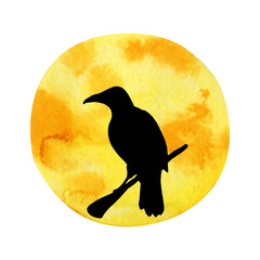 Black silhouette of a bird raven on the background of a yellow moon. Hand drawn watercolor illustration isolated on white background. Halloween design, horror scenes, icon