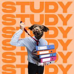 Contemporary art collage of man in a suit with dog head holding any folders isolated over orange background with lettering