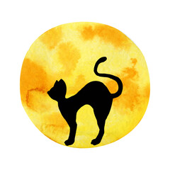 Black silhouette of a black cat on the background of a yellow moon. Hand drawn watercolor illustration isolated on white background. Halloween design, horror scenes, icon
