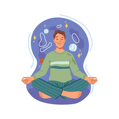 Obraz na płótnie Canvas Man with open chakra meditating in lotus pose, balance and spiritual energy. Vector happy person on meditation, relaxation and recreation, healthy lifestyle exercise, guy sitting in yoga position