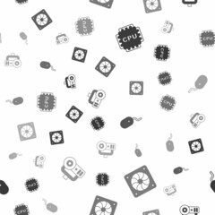 Set Processor with CPU, Computer cooler, mouse and Web camera on seamless pattern. Vector