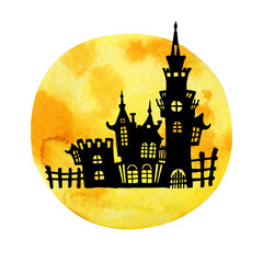 Black silhouette of a gothic castle on the background of a yellow moon. Hand drawn watercolor illustration isolated on white background. Halloween design, horror scenes, icon