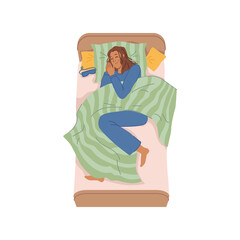 Young woman sleeping in bed at home, relaxation at night or day rest. Vector lady in pajama resting at bedtime, flat cartoon character sleeps on pillow under blanket, alone in bedroom, fall asleep