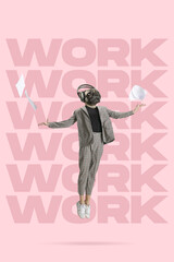 Contemporary art collage of woman in official suit with pug head in a jump with flying paper around...