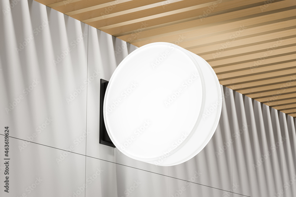 Poster empty white round shop signboard. illuminated lightbox on a light wall. mock up. 3d rendering