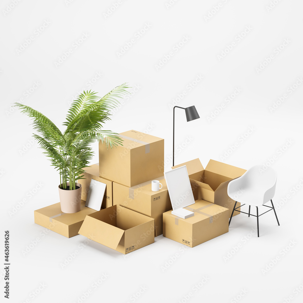 Poster moving with boxes to a new house. a lot of packed cardboard boxes on a white background. change of r