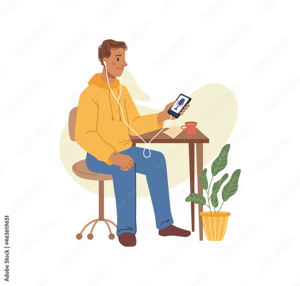 Poster man listening podcast audio interview on smartphone, flat cartoon character. vector working or study