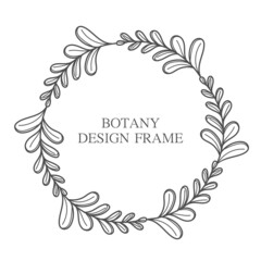 Obraz premium Geometric flower wreath with leaves and branches. Botany round frame isolated on white background. For wedding invitations, postcards, posters, labels of cosmetics and perfumes.