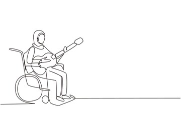 Single continuous line drawing young Arab woman sit wheelchair with acoustic guitar play music, sing song. Physically disabled. Rehabilitation center patient. One line draw design vector illustration