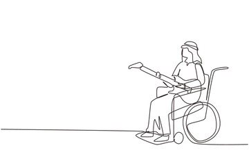 Single one line drawing Arab male sit wheelchair playing electric guitar, sing song. Physically disabled. Person in hospital room ward. Modern continuous line draw design graphic vector illustration