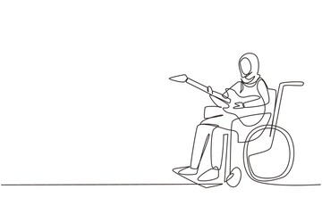 Single continuous line drawing young Arab female sit wheelchair playing electric guitar, sing song. Physically disabled. Person in hospital room ward. One line draw graphic design vector illustration