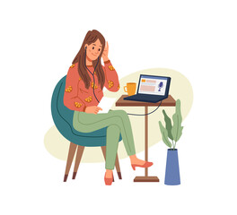 Working or studying at home or office, woman sitting on chair and listening podcast on laptop. Vector flat cartoon girl in headphones with notebook, listen to music, studying or video calling
