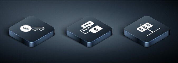 Set Isometric Rent key, House with dollar and Price negotiation icon. Vector