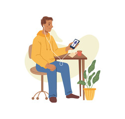 Man listening podcast audio interview on smartphone, flat cartoon character. Vector working or studying at home or office, male in headphones sitting on chair with notebook, listen to music