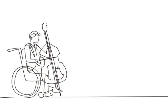 Continuous one line drawing young handsome man sitting in wheelchair plays cello in concert. Disability and classical music. Physically disabled. Person in hospital. Single line draw design vector