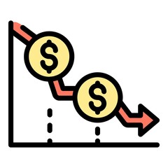 Low money graph icon. Outline low money graph vector icon color flat isolated