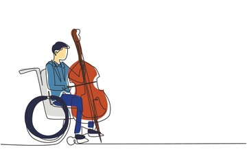 Continuous one line drawing young handsome man sitting in wheelchair plays cello in concert. Disability and classical music. Physically disabled. Person in hospital. Single line draw design vector