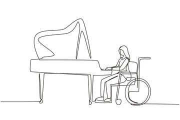 Continuous one line drawing disabled beautiful woman in wheelchair playing piano in concert. Disability and classical music. Physically disabled. Single line draw design vector graphic illustration