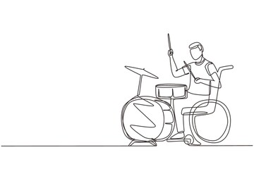 Single one line drawing disabled handsome man in wheelchair playing drum. Physically disabled. Person in hospital. Rehabilitation center patient. Continuous line draw design vector illustration