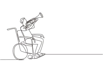 Continuous one line drawing handsome male in wheelchair playing trumpet during music lesson. Physically disabled. Person in hospital. Rehabilitation center patient. Single line draw design vector