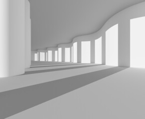White empty interior. Gallery. Futuristic empty long light Sci-Fi tunnel. Colonnade. Template for design. Modern architectural presentation concept. Columns. 3D render. Shadow. Light.  Perspective.